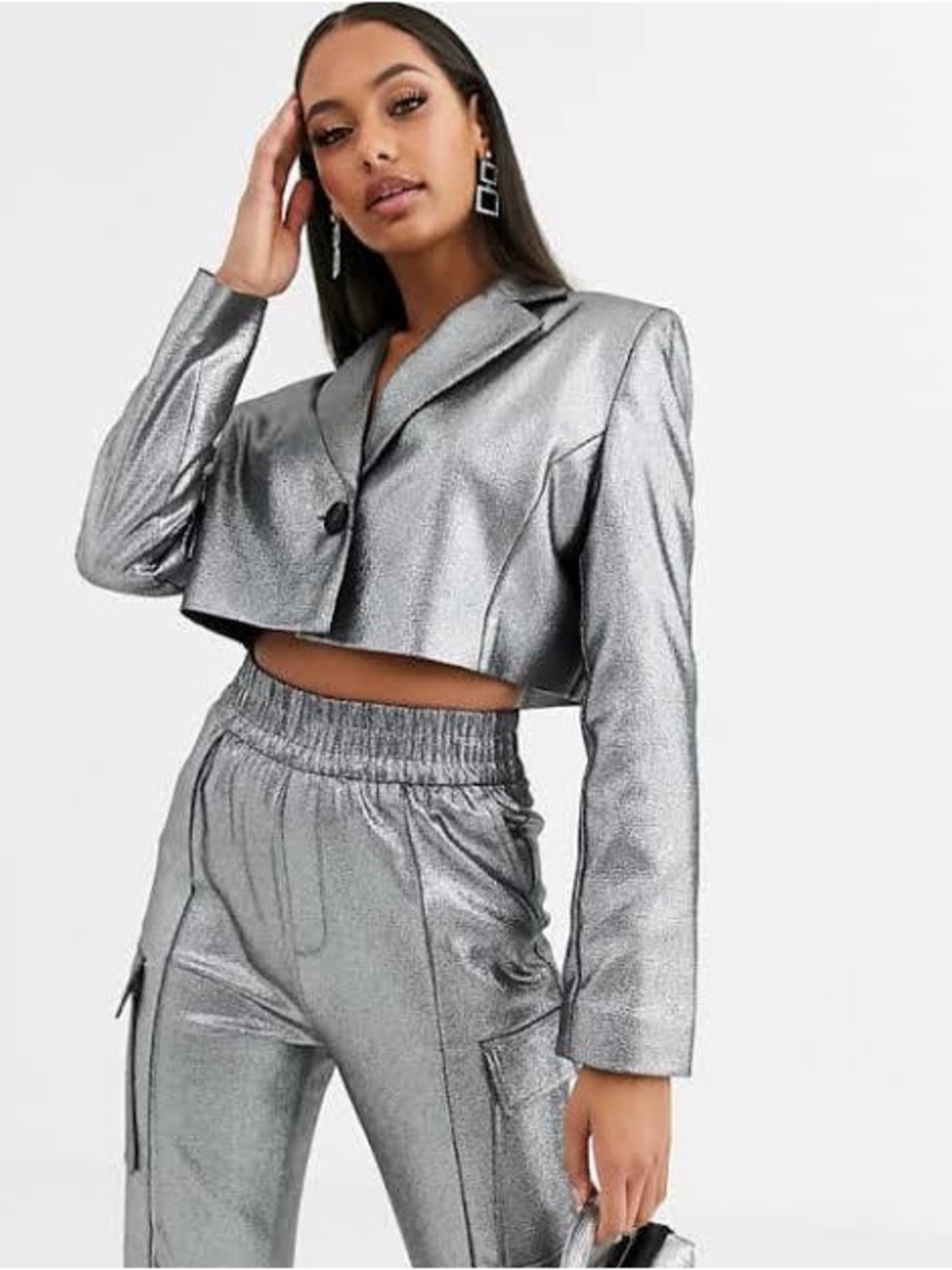 ASOS DESIGN Metallic
Utility Suit Cropped Blazer Two Piece